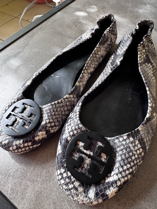 Tory Burch Shoes - Tory Burch Snake-Print Ballet Flats in Black and Gray with Logo Medallion